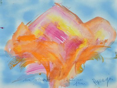 une peinture représentant une fleur orange et rose sur fond bleu