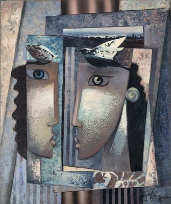 une image d'une peinture représentant une femme avec un oiseau sur la tête