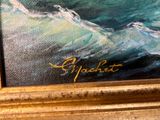 une peinture représentant un surfeur chevauchant une vague dans l'océan