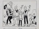 cartoon drawing of a family with a child and a man with a guitar