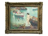 une image représentant un tableau où l'on voit une femme en robe blanche au bord de l'eau