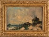 a painting of a landscape with trees and clouds