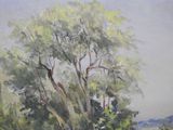 an oil painting of a tree in a field with a mountain in the background