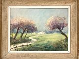 une peinture à l'huile représentant deux arbres dans un champ, avec une clôture