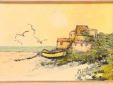 a picture of a painting of a boat on the beach