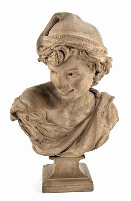 marble bust of a young boy with a hat on his head