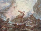 an image of a painting of a man on a boat surrounded by other people