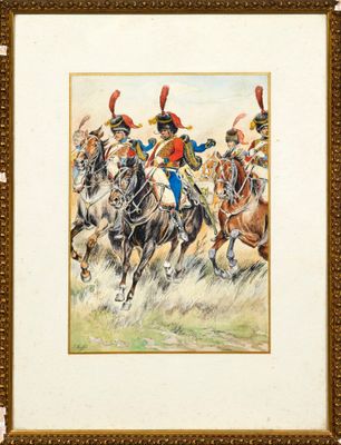 tableau représentant un groupe d'hommes à cheval dans un champ