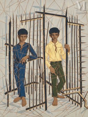 un tableau représentant deux hommes dans une cage, accroché au mur