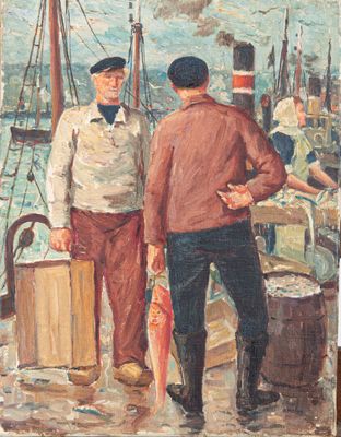 a painting of two men standing on a dock