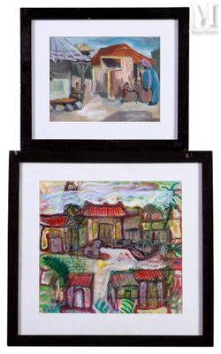 deux tableaux encadrés représentant une scène de rue avec un homme et une femme