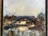 an oil painting of a bridge over a body of water