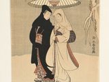 japanese painting of a man and woman under an umbrella in the snow