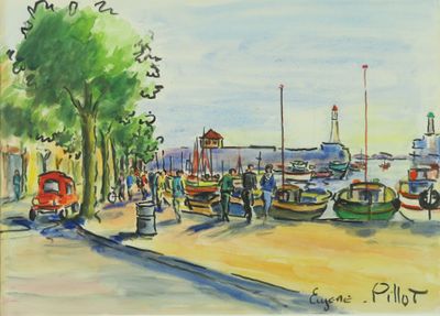 Eugène PILLOT (1905-?). Près du port. Dessin. Signé en bas à…