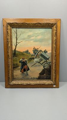 une peinture à l'huile représentant un homme et une femme marchant sur une route
