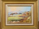 a picture of a painting of a farm scene in a gold frame