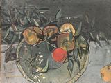 une peinture représentant une coupe de fruits sur une table