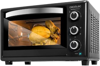 an image of a black toaster oven with a chicken in it