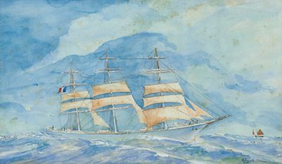 tableau représentant un grand voilier en pleine mer, avec d'autres bateaux en arrière-plan