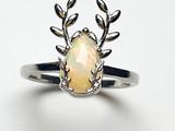 un gros plan d'une bague ornée d'une pierre oplite entourée de feuilles