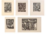 une série de six dessins en noir et blanc représentant des personnes dans une forêt