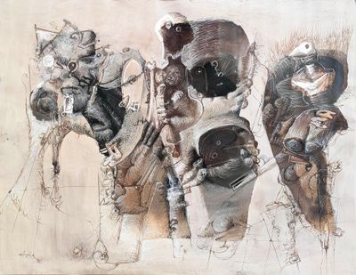 drawing of a group of people riding on the back of a horse