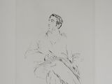 an ink drawing of a man sitting on a chair in a room