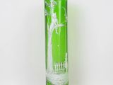 tall green glass vase with a tree and a fence on it
