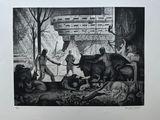 black and white drawing of a group of animals in a forest