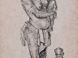 un vieux dessin représentant un homme tenant un bébé et un petit enfant dans ses bras