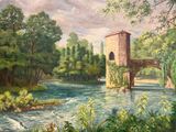 a painting of a bridge over a river in the woods