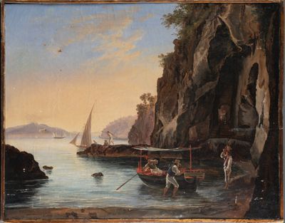 painting of people in a boat on the water near a rocky shore