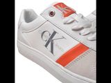 a close up of a pair of white sneakers with an orange stripe