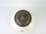 a white sink with a metal faucet on it