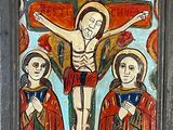 an image of a painting of jesus on the cross with three other people