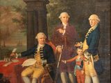 an old painting of a group of people standing in front of a building