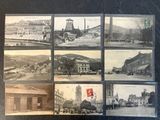 several old black and white photographs of a town with a clock tower