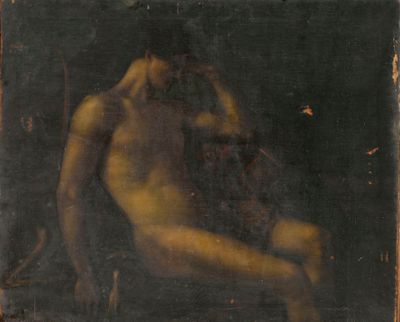 un vieux tableau représentant un homme nu assis sur une chaise