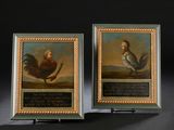 deux tableaux encadrés représentant un coq et une poule sur fond noir