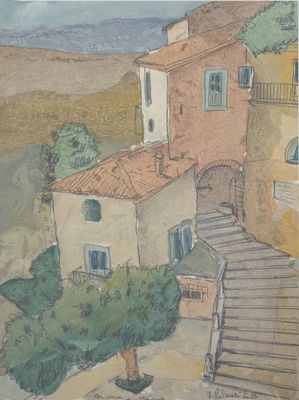 a painting of a building with a staircase going up to it