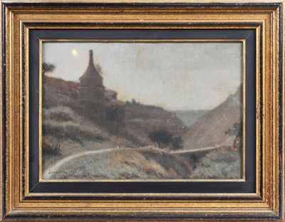 an image of a painting of a mountain scene with a bridge
