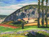 a painting of a hill with a house and trees in the foreground