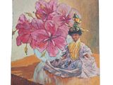 a painting of a woman sitting on a table next to a vase of flowers