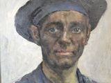 painting of a man wearing a hat and blue shirt in front of a white wall