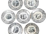 six plates with black and white images of people on them