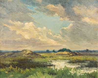 une peinture à l'huile représentant un paysage avec une rivière au premier plan
