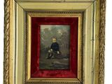 une vieille photo d'un homme assis sur un banc, avec un chien sur les genoux