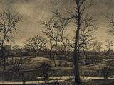 peinture représentant une photo en noir et blanc d'un paysage avec des arbres au premier plan