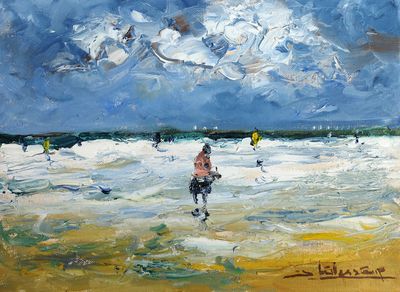 un tableau représentant un homme sur la plage avec une planche de surf