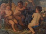 painting of a group of children playing with a bird in a garden